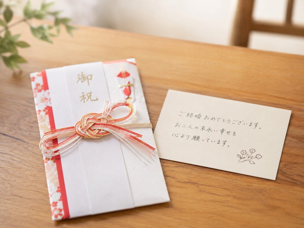 ご祝儀袋と手書きのメッセージカードが並んでいる温かみのあるイメージ
