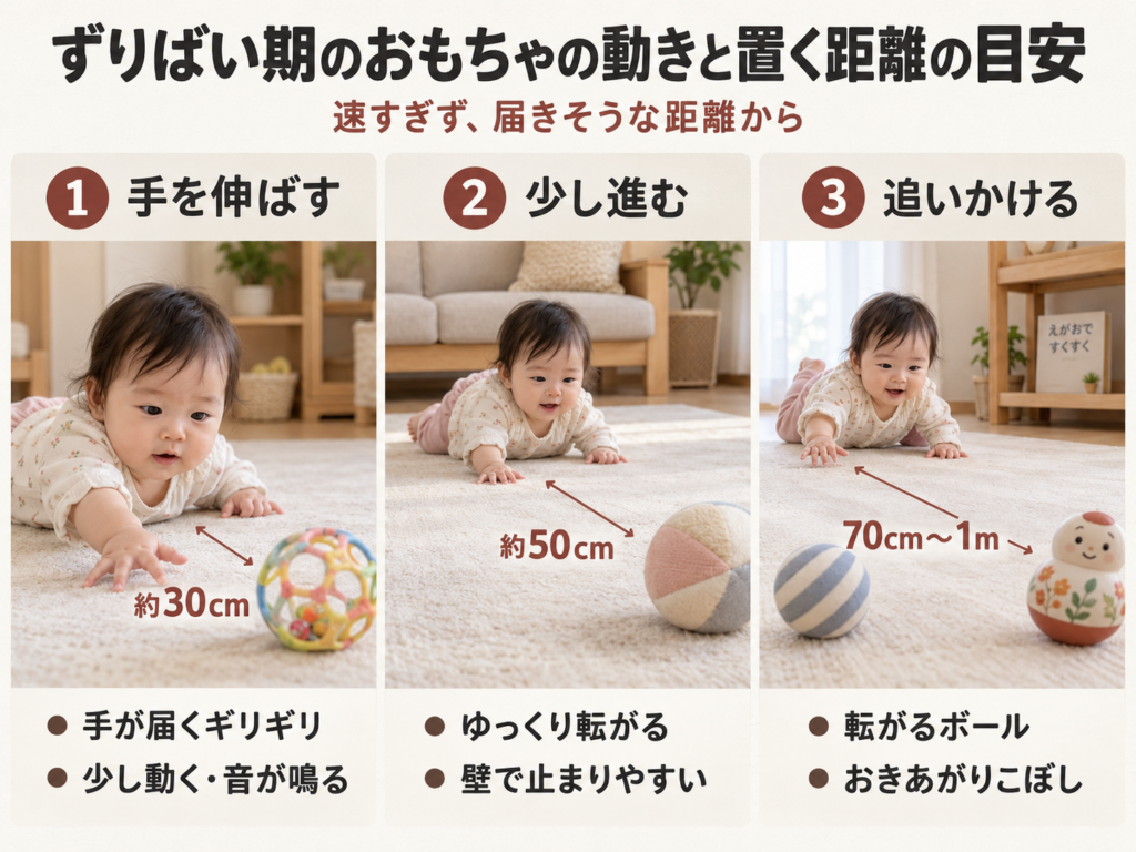 ずりばい期のおもちゃの動きと置く距離の目安を示した図解