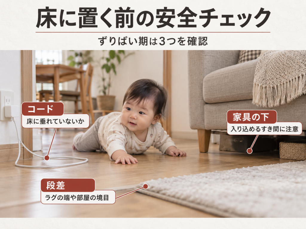 ずりばい期の床の安全チェックポイントを示したイラスト（コード・段差・家具下）