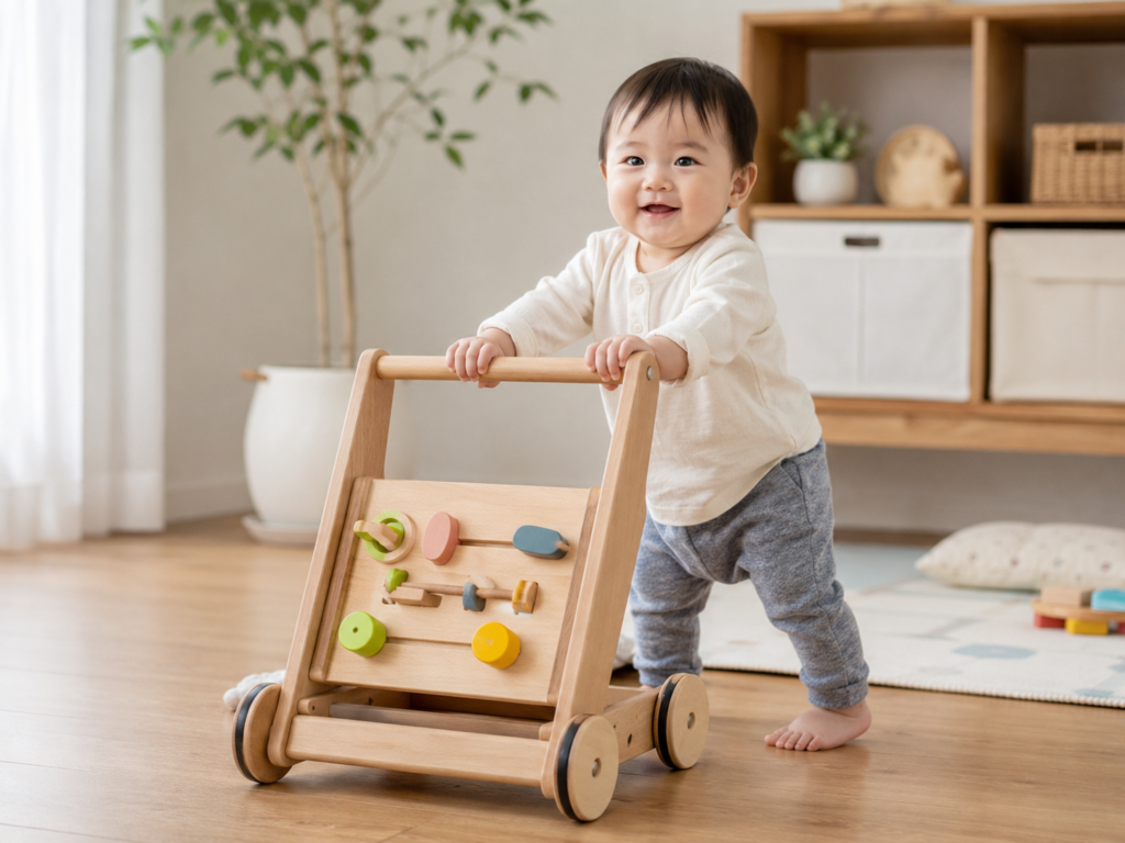 つかまり立ちをしている赤ちゃんが手押し車のバーを握っている様子