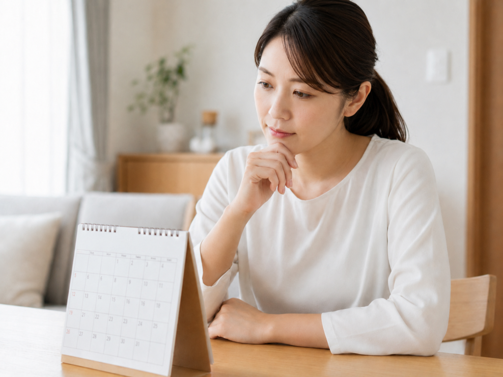 カレンダーを見ながら考え込む30代女性のイメージ写真