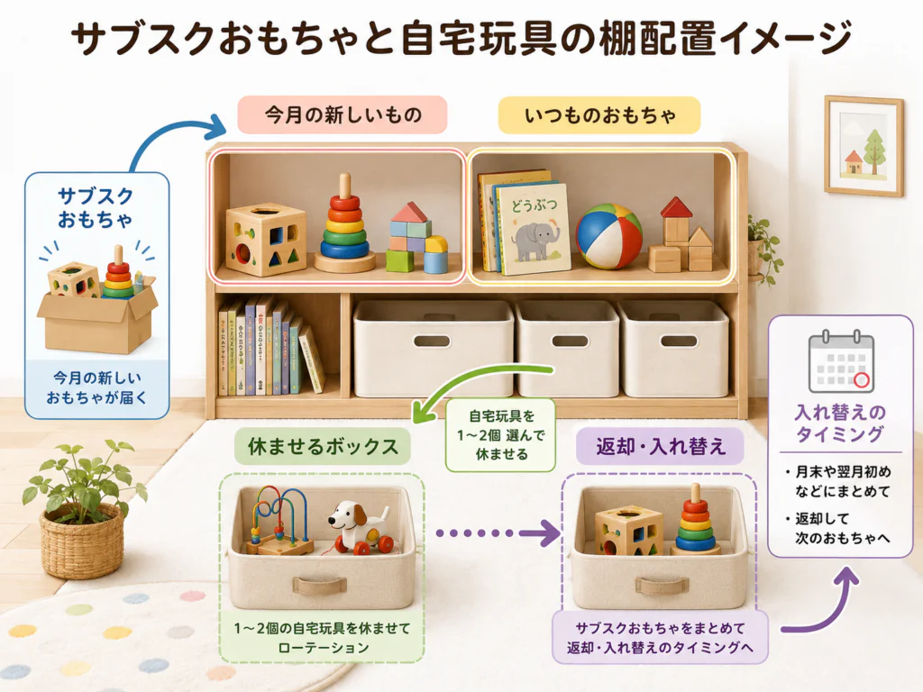 サブスクおもちゃと自宅玩具を組み合わせた棚の配置イメージ図