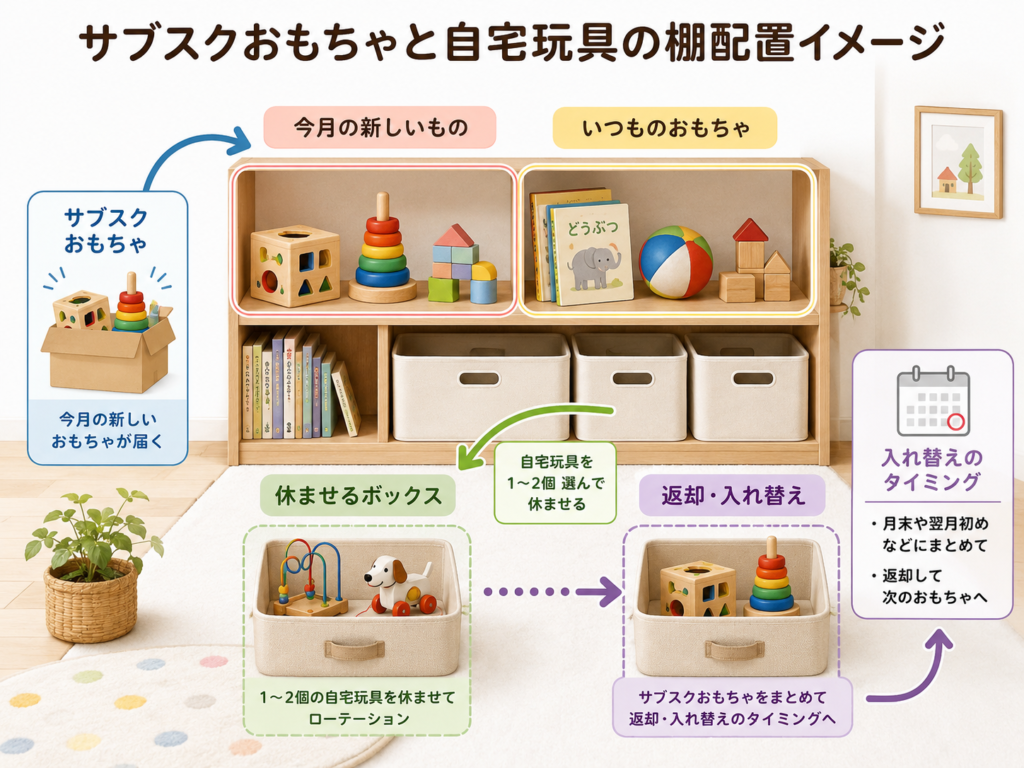サブスクおもちゃと自宅玩具を組み合わせた棚の配置イメージ図
