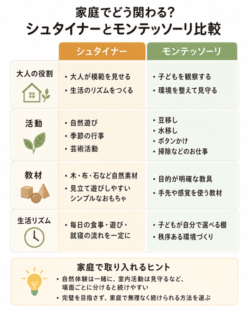 シュタイナー教育とモンテッソーリ教育の家庭での関わり方を「大人の役割・活動・教材・生活リズム」で比較した縦型図