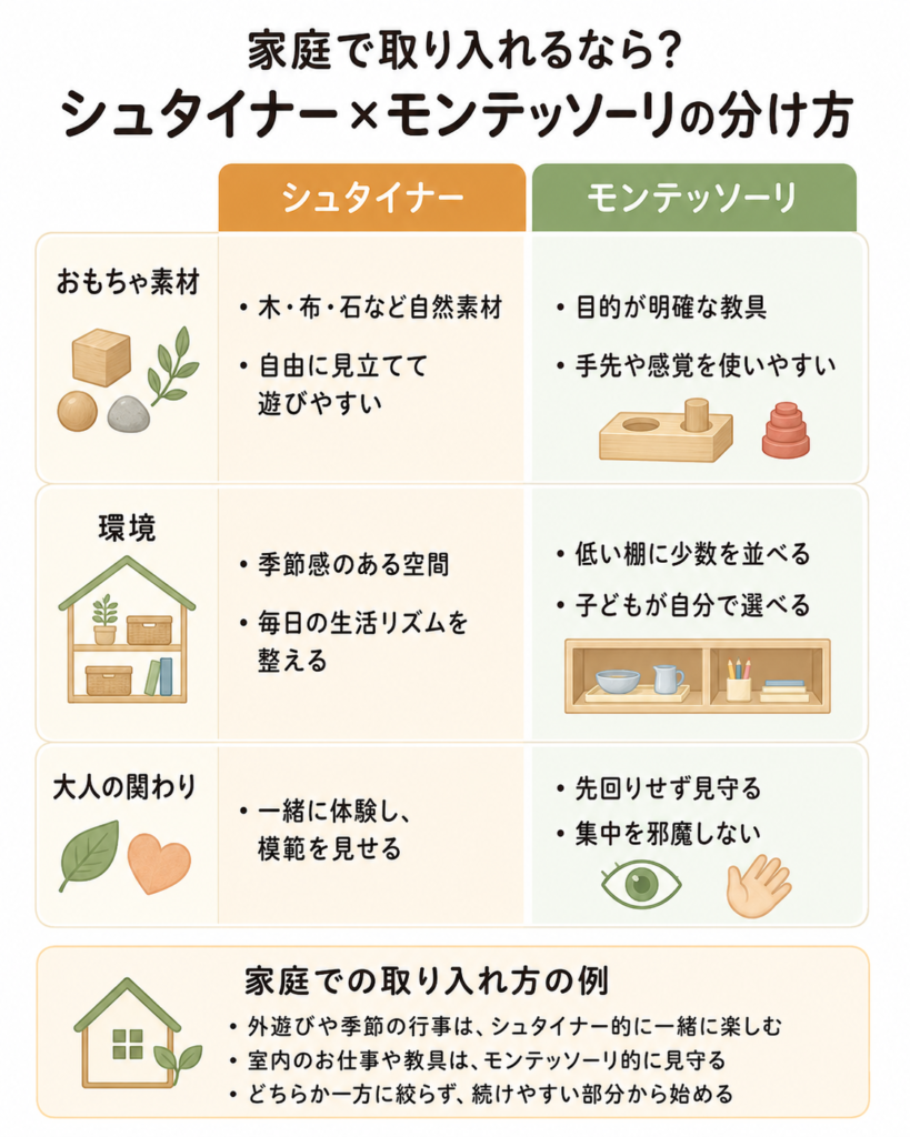 シュタイナー教育とモンテッソーリ教育を「おもちゃ素材・環境・大人の関わり」で分けて家庭で取り入れる方法を示したイメージ図