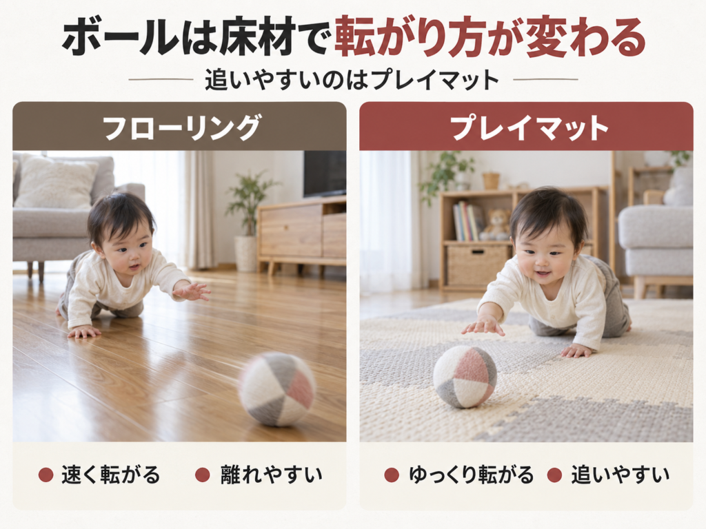 フローリングとプレイマットでのボールの転がり方の違いを示した比較写真