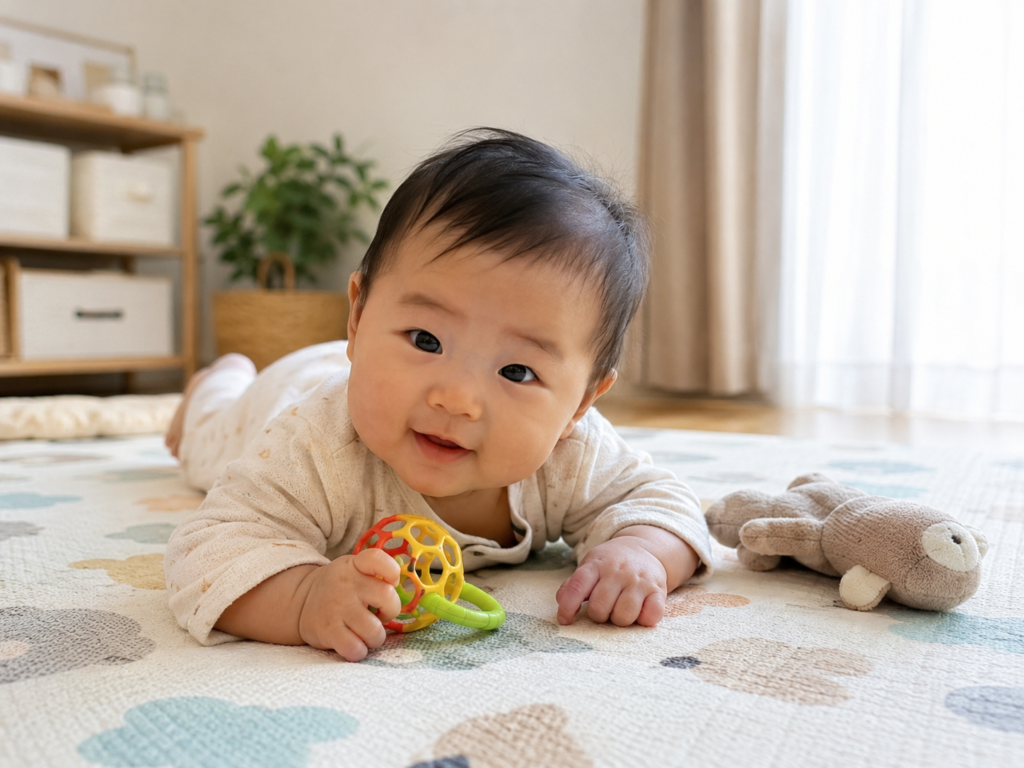 プレイマットの上でうつ伏せになって遊ぶ赤ちゃんの写真