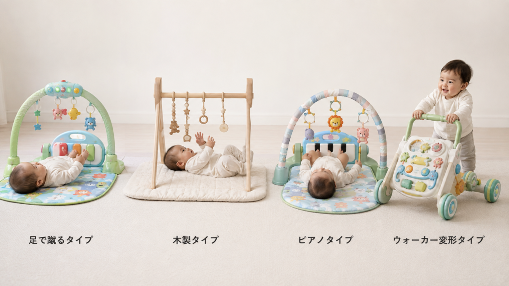 ベビージムのタイプ別（足で蹴る・木製・ピアノ・ウォーカー変形）を並べたイメージ図