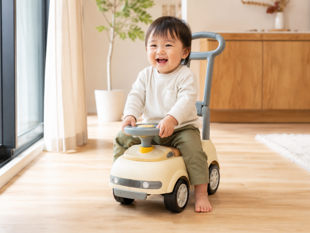 一人歩きが安定した1歳半頃の子どもが乗用兼用手押し車に乗っている様子