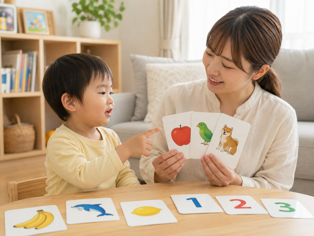 七田式フラッシュカードを親子で使っている様子のイメージ写真