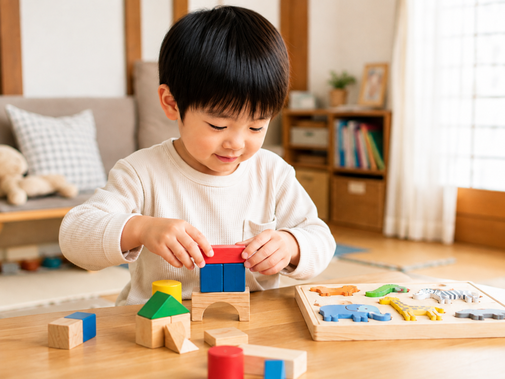上の子が積み木やパズルで遊んでいる様子の写真