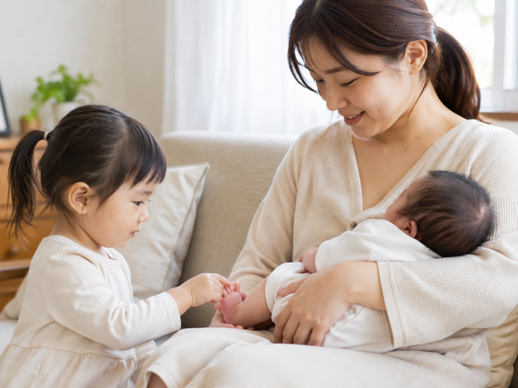 上の子が赤ちゃんの手や足にやさしく触れている安全な関わり方のイメージ