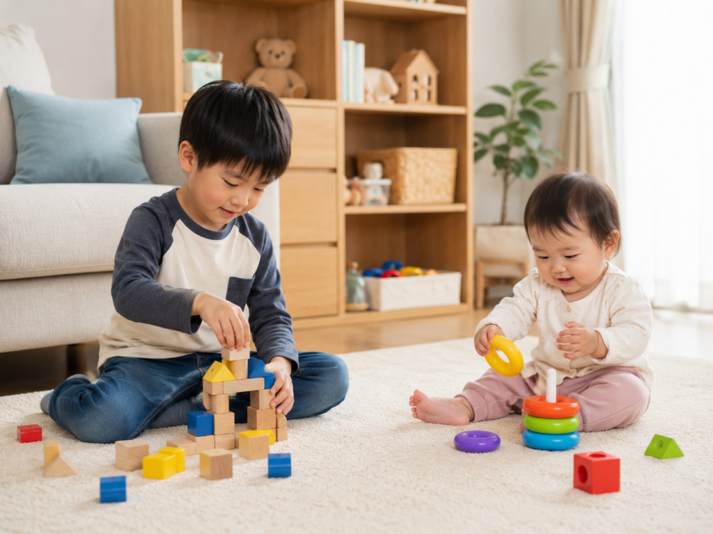 上の子と下の子が同じ部屋で別々のおもちゃで安全に遊んでいる場面