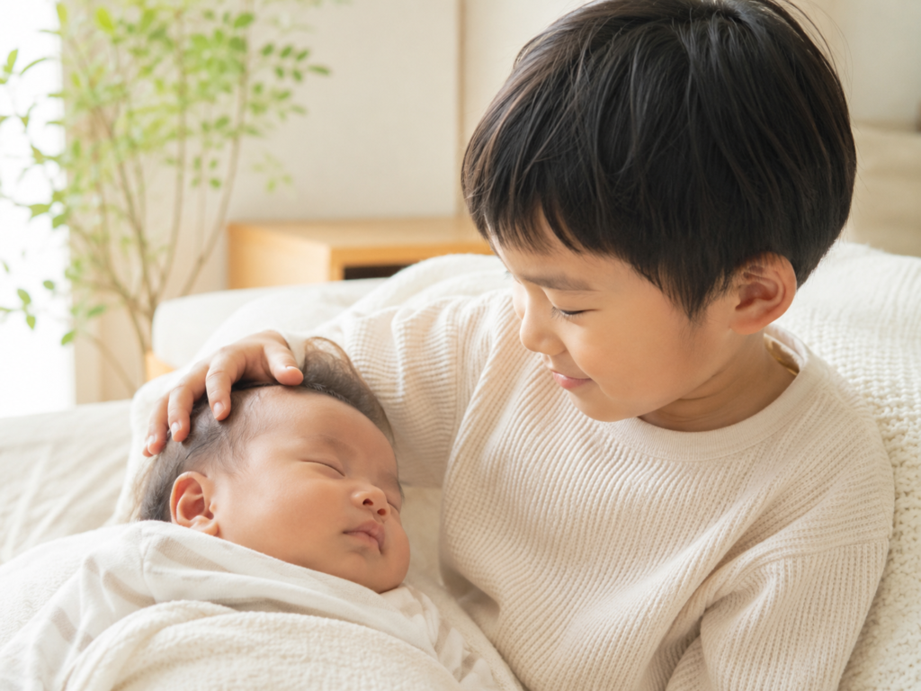 上の子と赤ちゃんが並ぶやさしいシーン、または小さなプレゼントを持つ子どもの手元