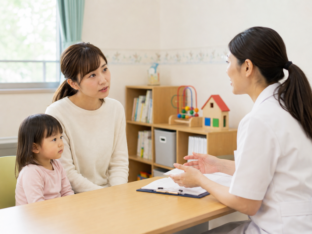 保護者が保健センターや小児科で相談している様子を示すイメージ写真