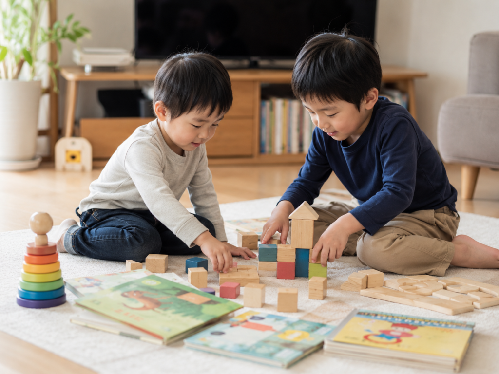 兄弟2人がおもちゃを並べて一緒に遊んでいる様子の写真