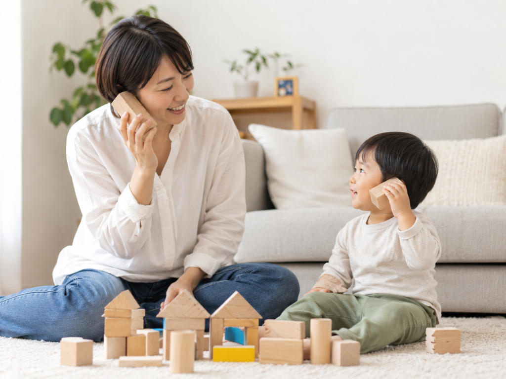 大人が積み木を電話に見立てて子どもと遊ぶ場面のイメージ