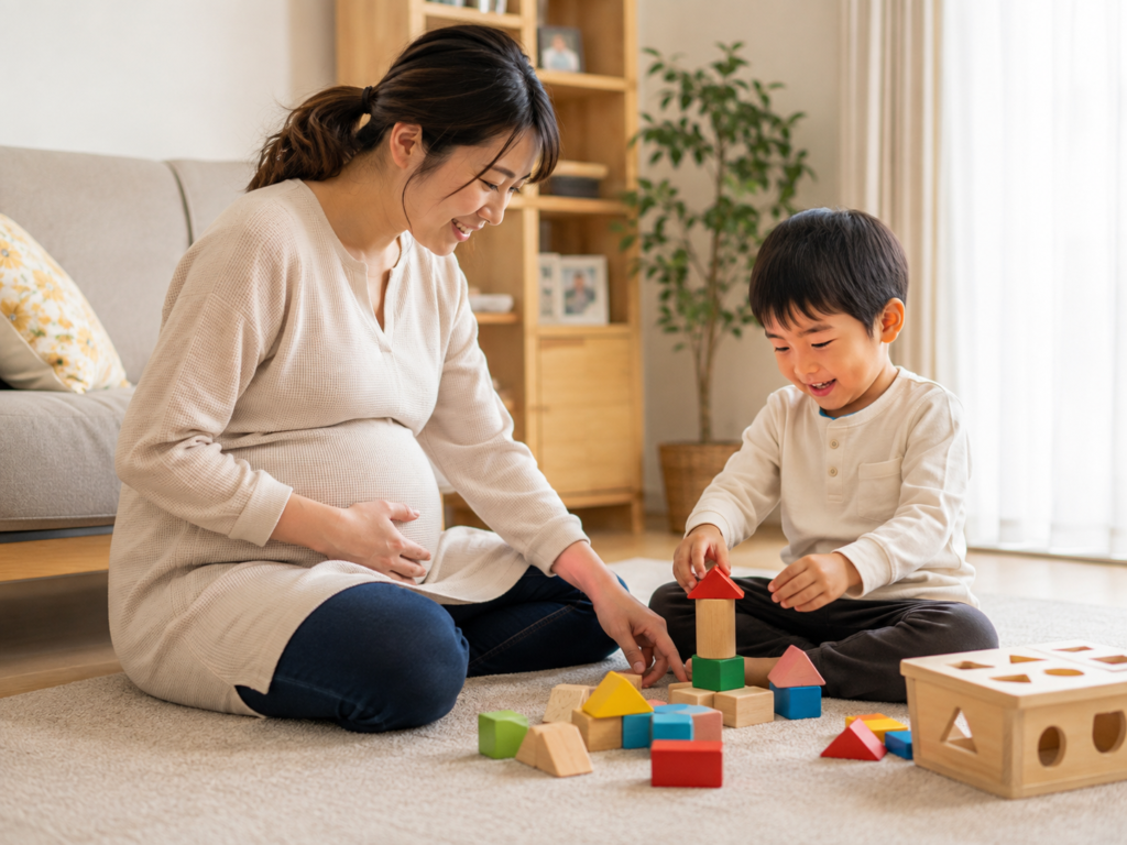 妊娠中のお母さまが床に座り、上の子と一緒におもちゃで遊んでいる穏やかな場面