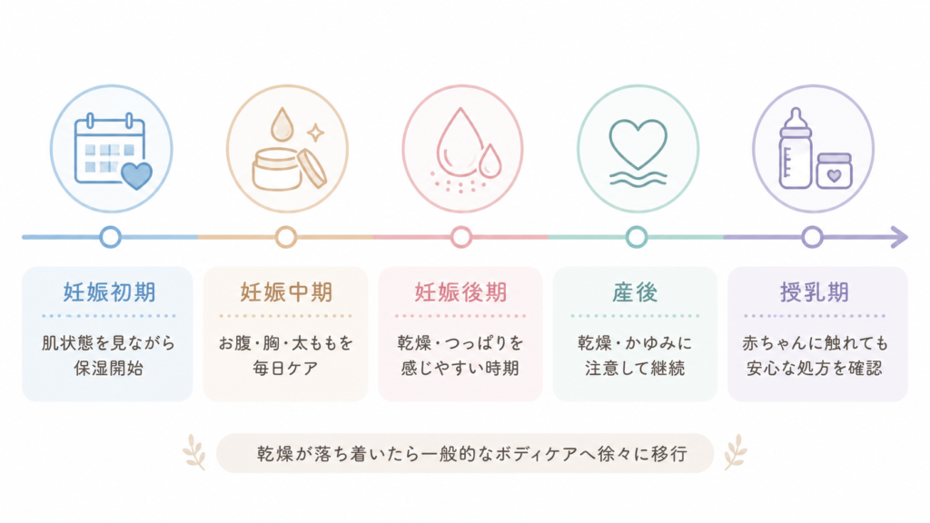 妊娠初期から産後授乳期までのケア時期を示すタイムライン図