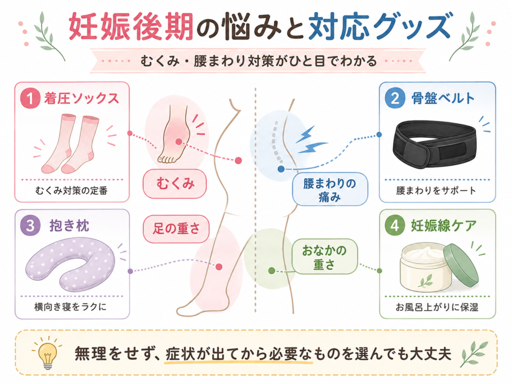 妊娠後期のむくみ・腰まわりの悩みと対応グッズを示したイラスト図_2