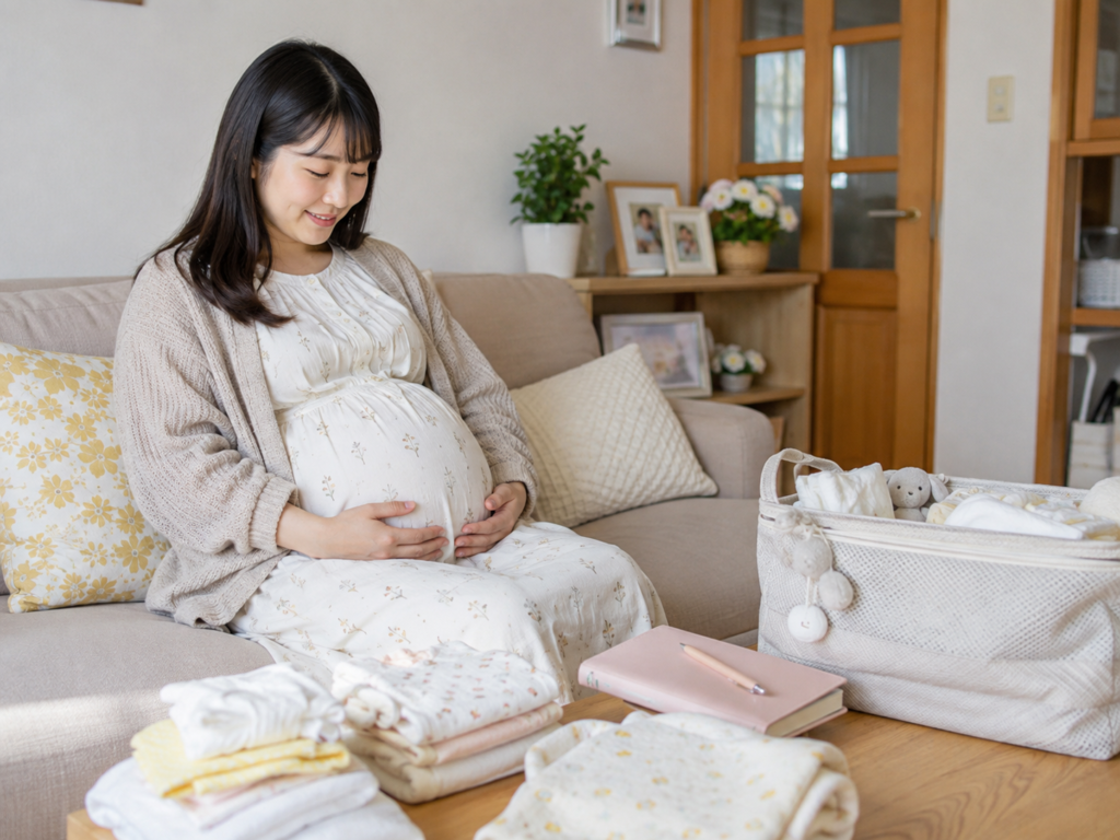 妊婦が実家でくつろぎながら赤ちゃんを迎える準備をしているイメージ写真