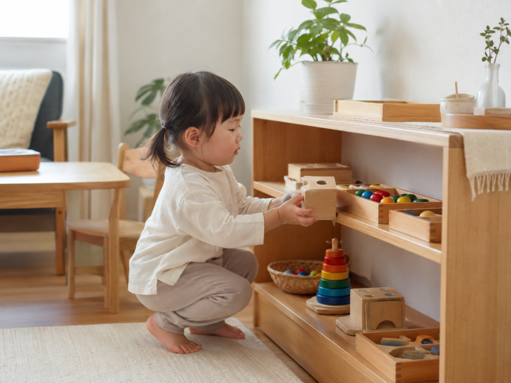 子どもが棚から教具を自分で取り出して遊んでいる様子（おうちモンテの環境づくりのイメージ）