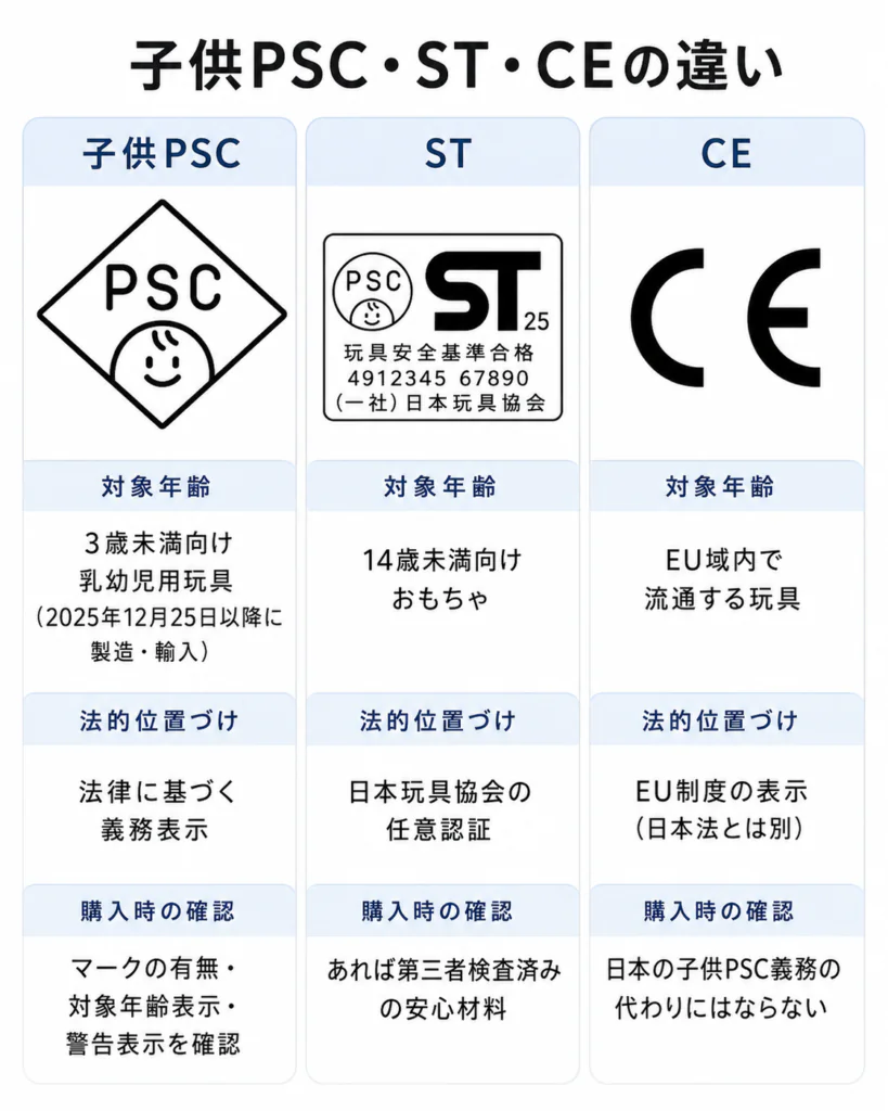 子供PSC・ST・CEを「対象年齢／法的位置づけ／購入時の確認」に分けた縦型比較図