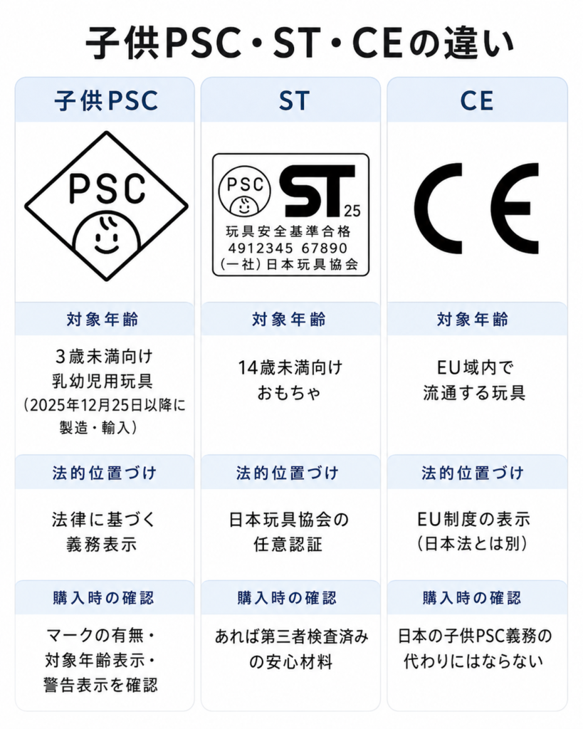 子供PSC・ST・CEを「対象年齢／法的位置づけ／購入時の確認」に分けた縦型比較図