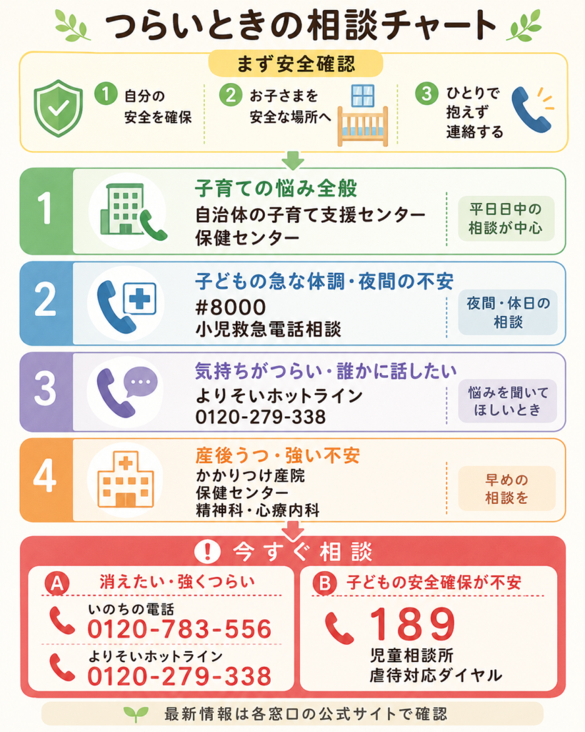 安全確認・頼る先を示す相談窓口一覧の縦型チャート図