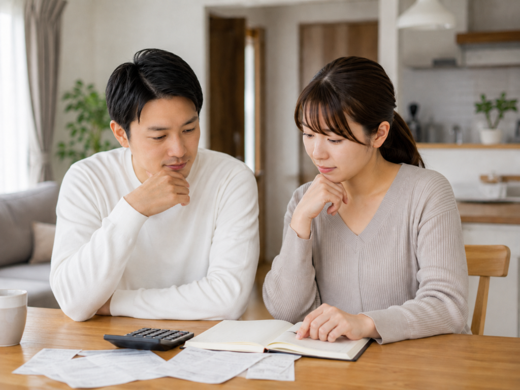 家計簿や計算機を前に考える夫婦のイメージ写真