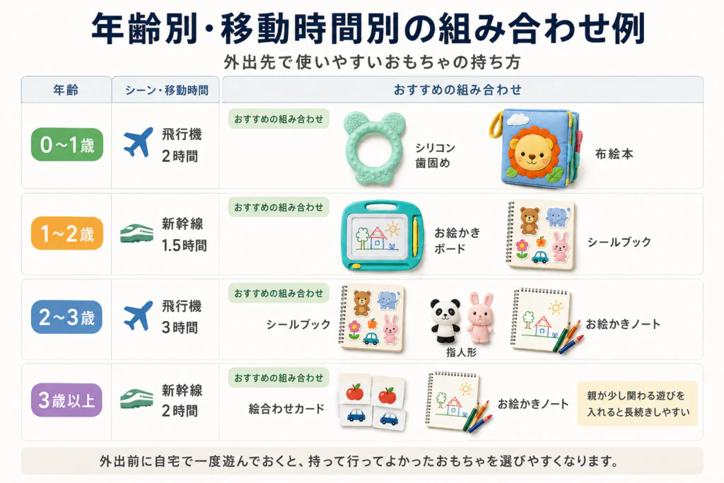 年齢別・移動時間別のおもちゃ組み合わせ例を示した一覧図