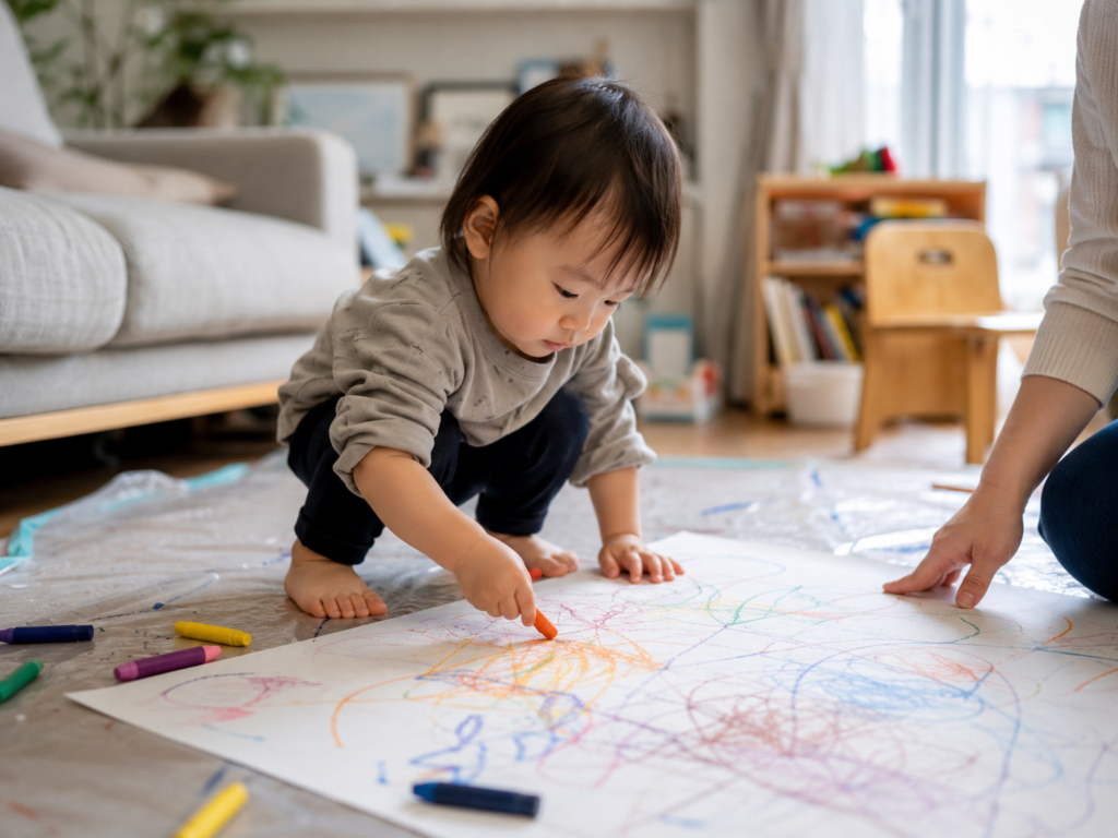 床にレジャーシートを敷いて大きな紙でお絵描きする1〜2歳の子どもの様子
