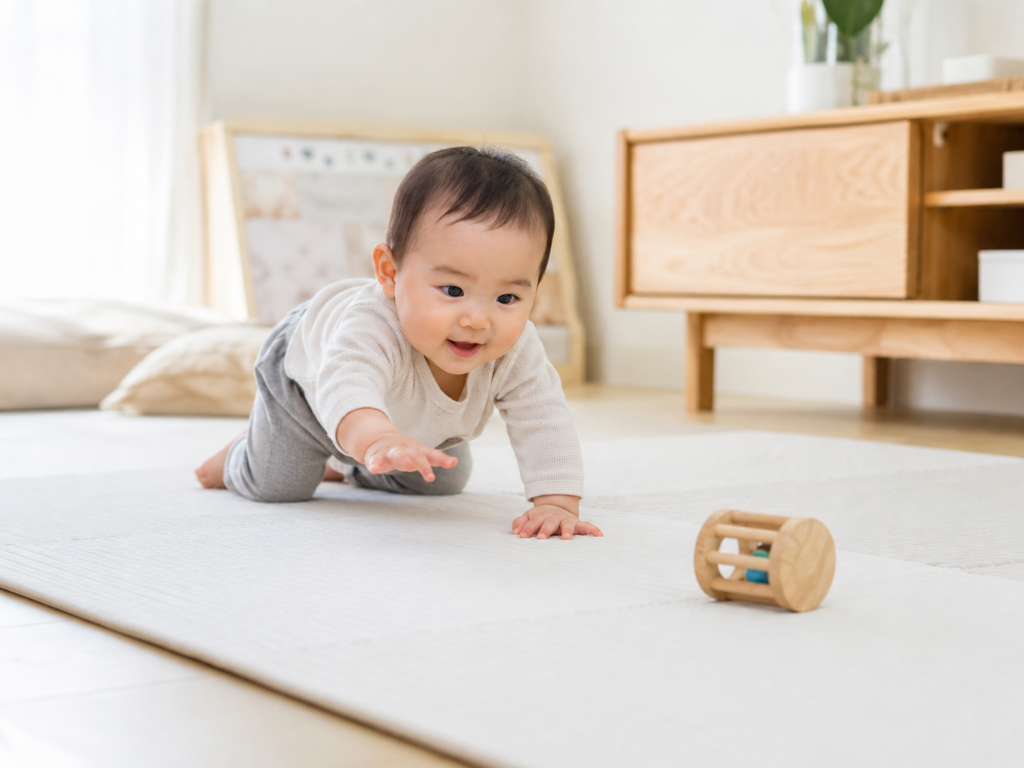 床に興味を引くおもちゃを少し離れた場所に置き、赤ちゃんが自分から動こうとしている場面のイメージ