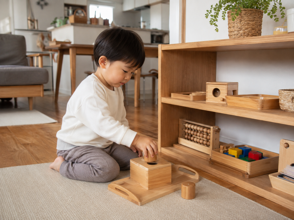 忙しい日常の中でも子どもが一人で棚から教具を取り出して遊んでいる様子（少ない関わりでも成立するおうちモンテのイメージ）