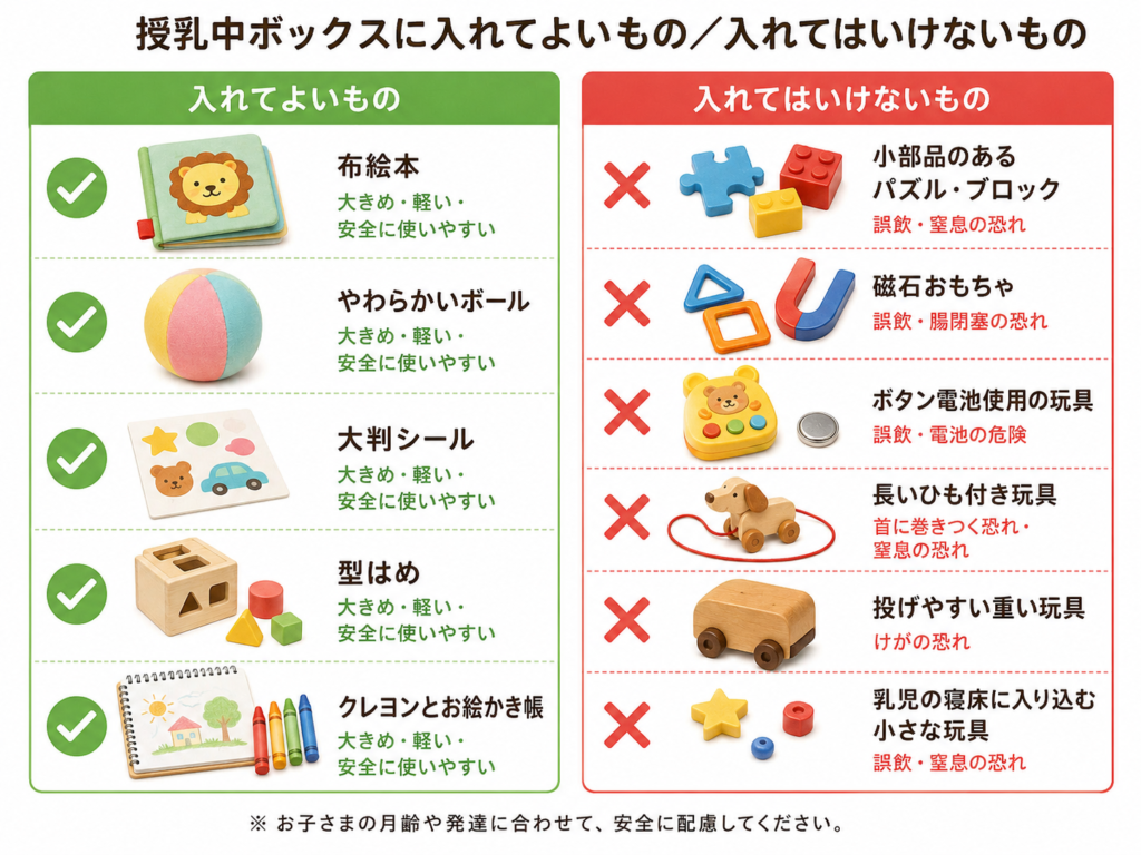 授乳中ボックスに入れてよい玩具と入れてはいけない玩具を並べた比較図
