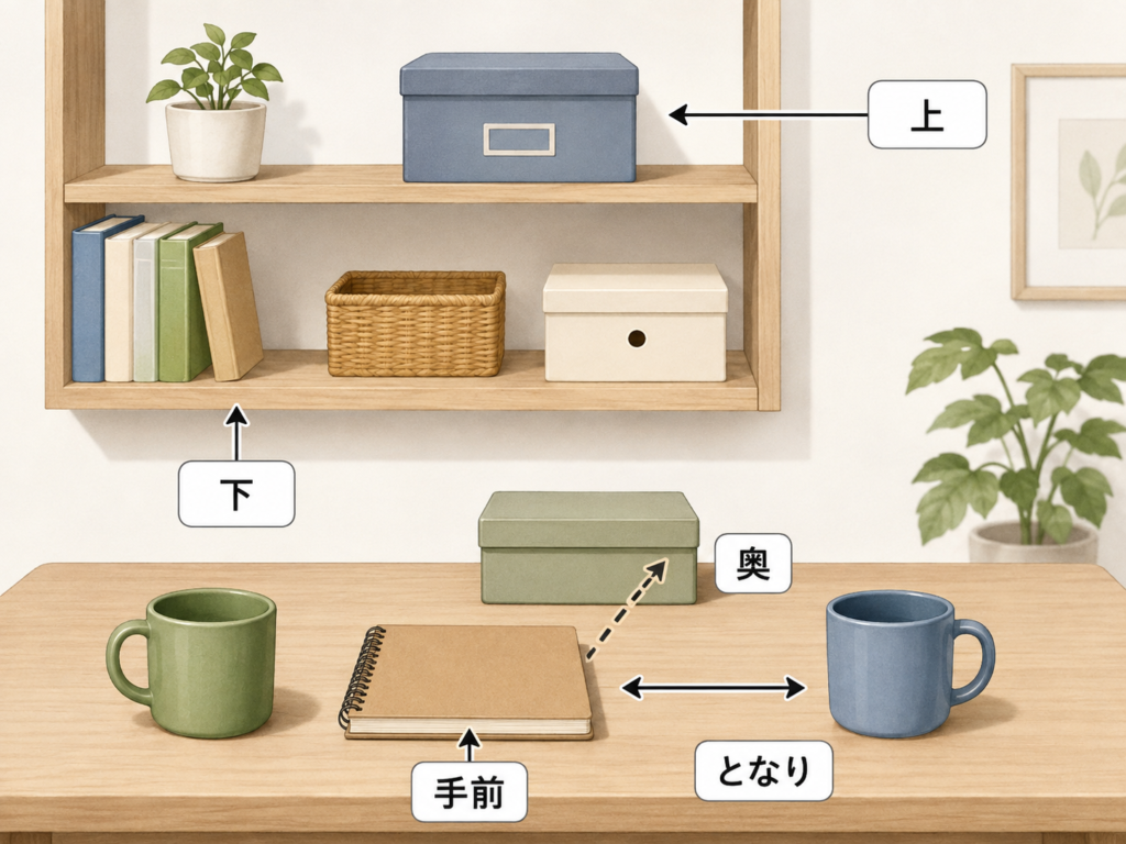 日常の声かけで使える空間語（上・下・奥・手前・となり）を図示したイラスト