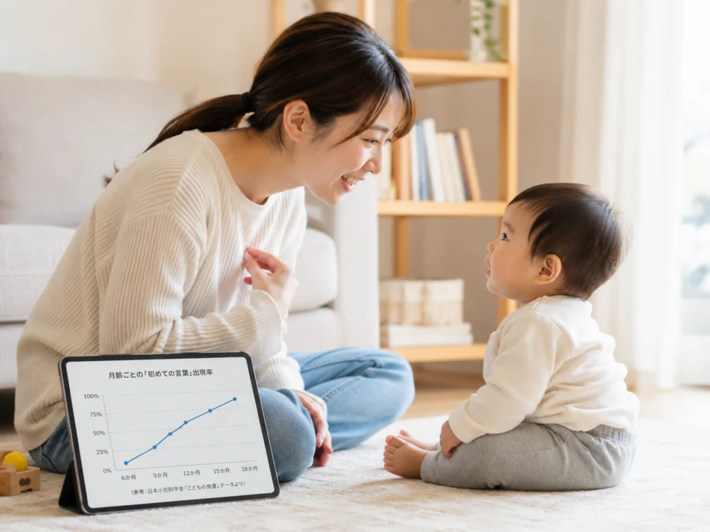 月齢別の発語割合を示すグラフや赤ちゃんと親が向き合って話しかけている様子の写真