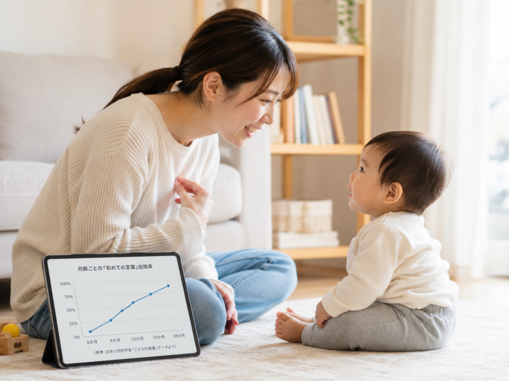 月齢別の発語割合を示すグラフや赤ちゃんと親が向き合って話しかけている様子の写真