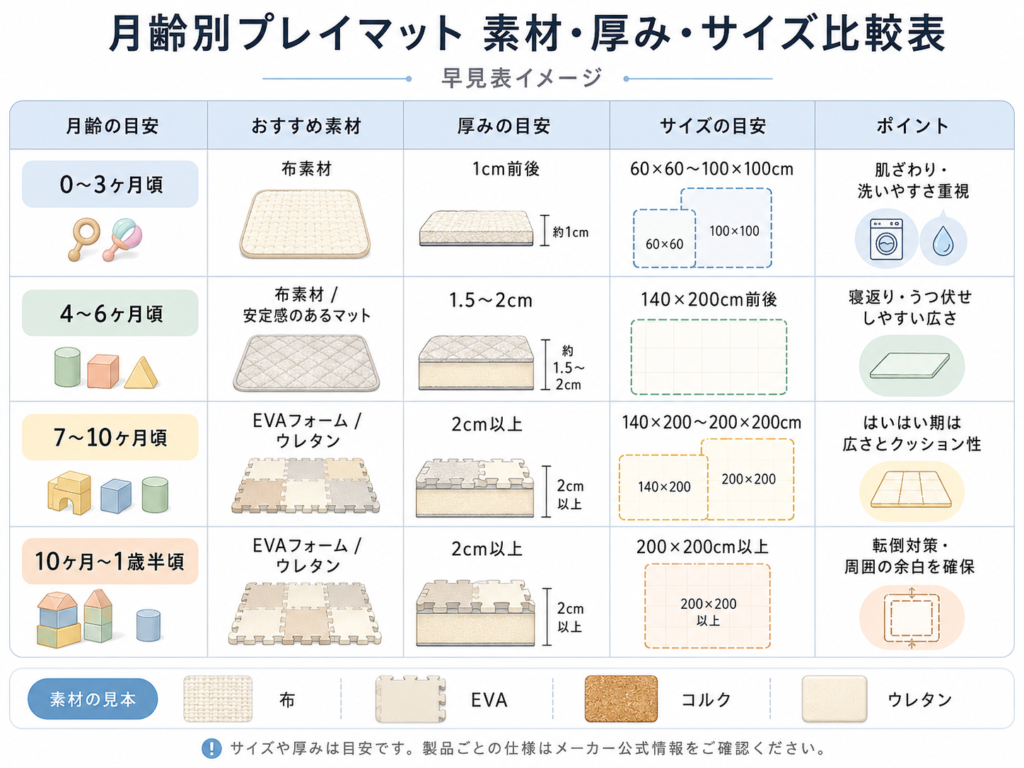 月齢別プレイマット素材・厚み・サイズの比較表（早見表イメージ）
