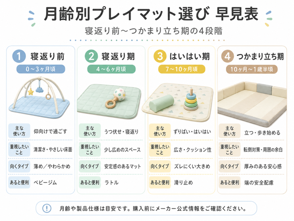 月齢別プレイマット選び早見表（寝返り前〜つかまり立ち期の4段階）