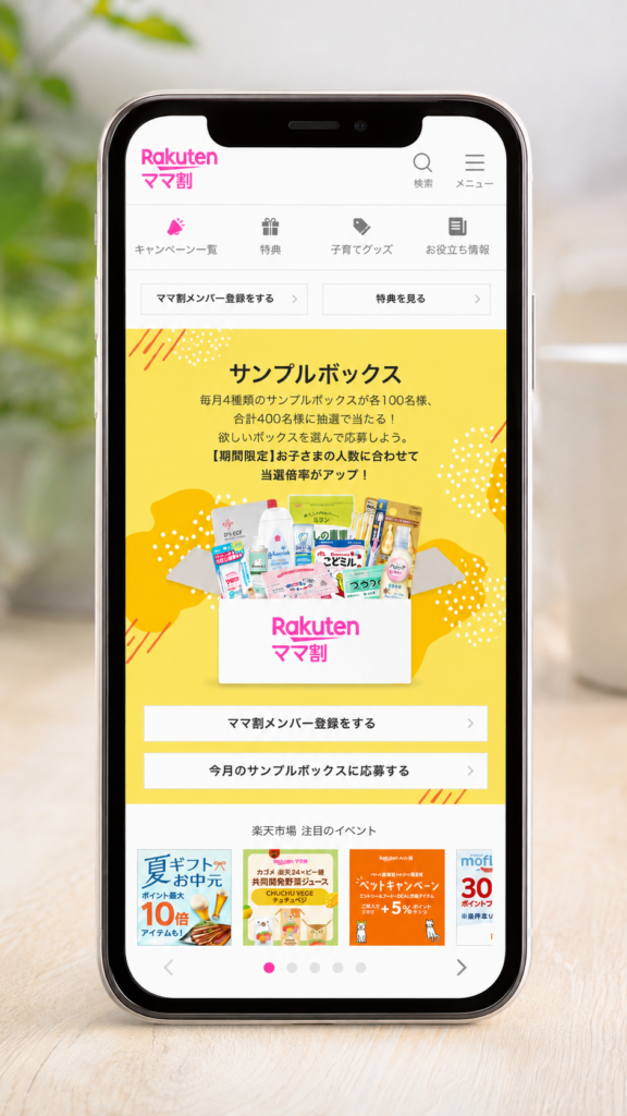 楽天ママ割のトップページ画面イメージ（スマホ表示）