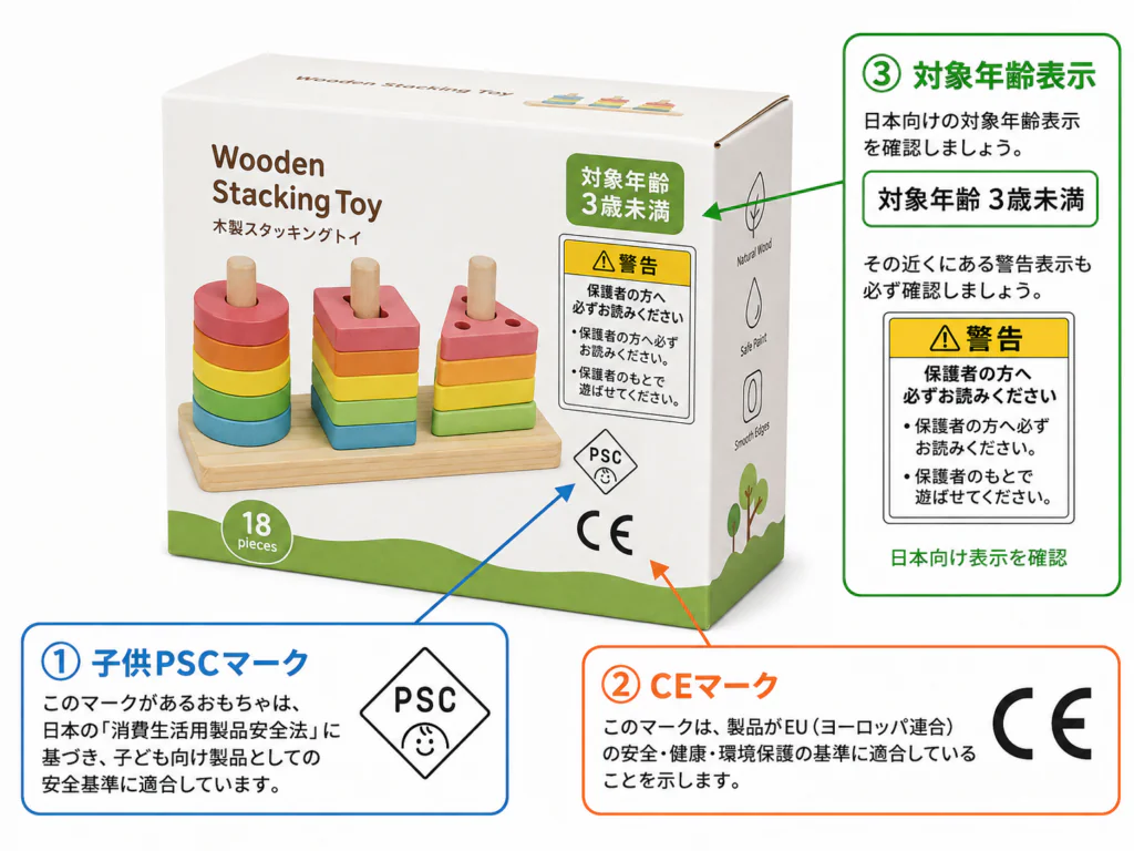 海外製おもちゃの箱に記載されている子供PSC・CE・対象年齢表示の見方を示した図
