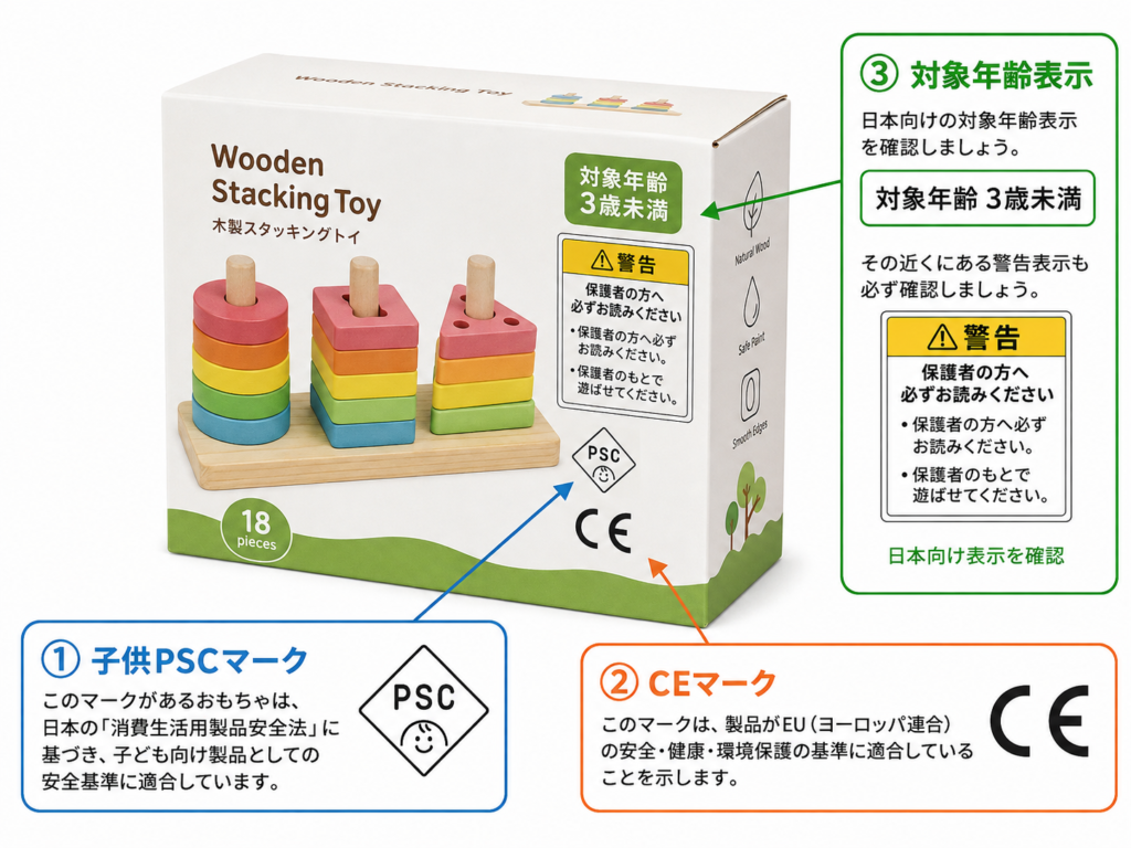 海外製おもちゃの箱に記載されている子供PSC・CE・対象年齢表示の見方を示した図