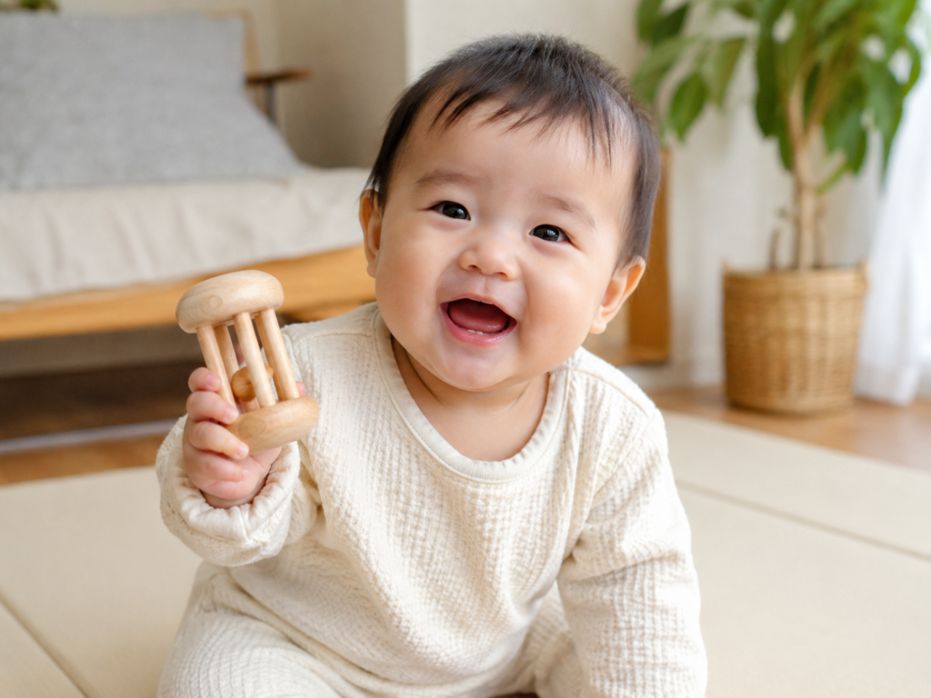 生後5〜8か月の赤ちゃんが木製ラトルを握って遊んでいる写真
