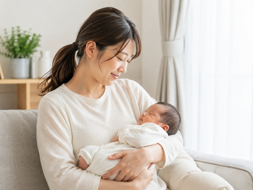 産後の母親が赤ちゃんを抱っこしながら穏やかに過ごしているシーン。部屋に自然光が入る温かみのある雰囲気