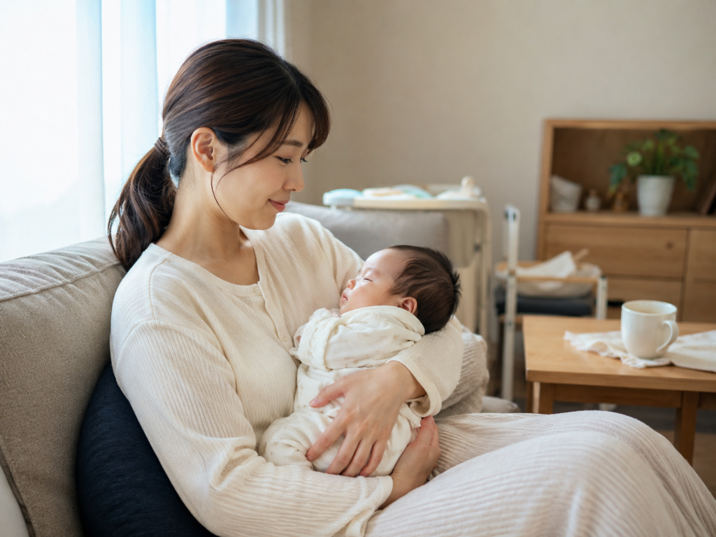 産後ママが赤ちゃんを抱っこしながら自宅のリビングで穏やかに過ごしているイメージ写真
