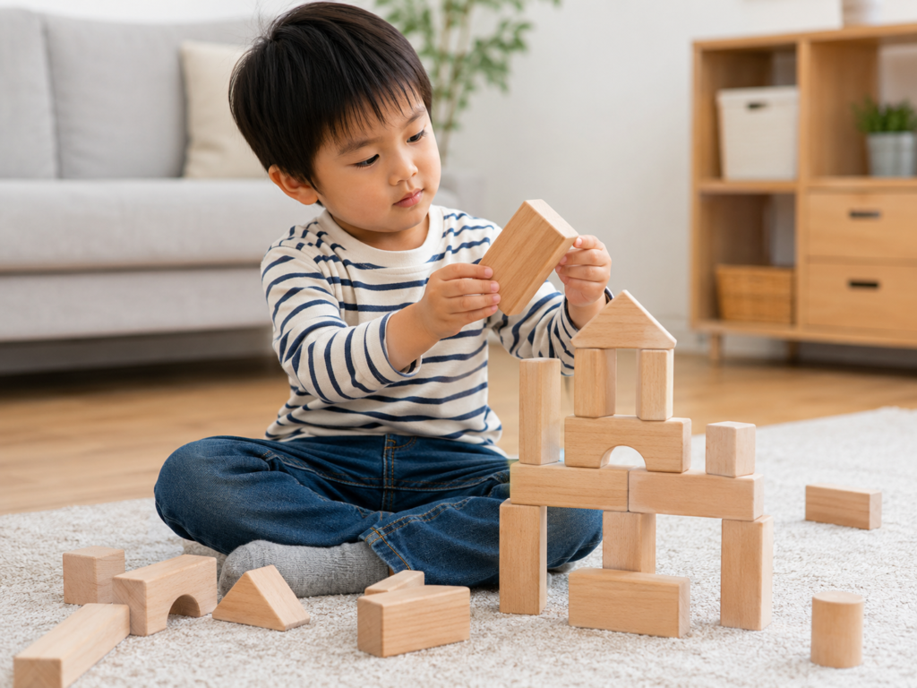 積み木の向きを変えて試し直す子どもの様子（試行錯誤のイメージ）