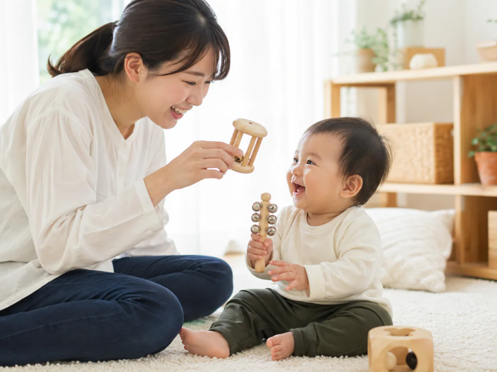 親と赤ちゃんが音の鳴るおもちゃで一緒に遊んでいる様子の写真