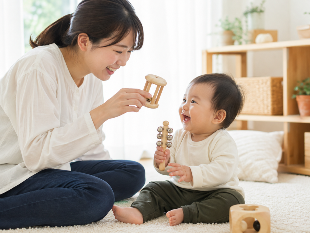 親と赤ちゃんが音の鳴るおもちゃで一緒に遊んでいる様子の写真