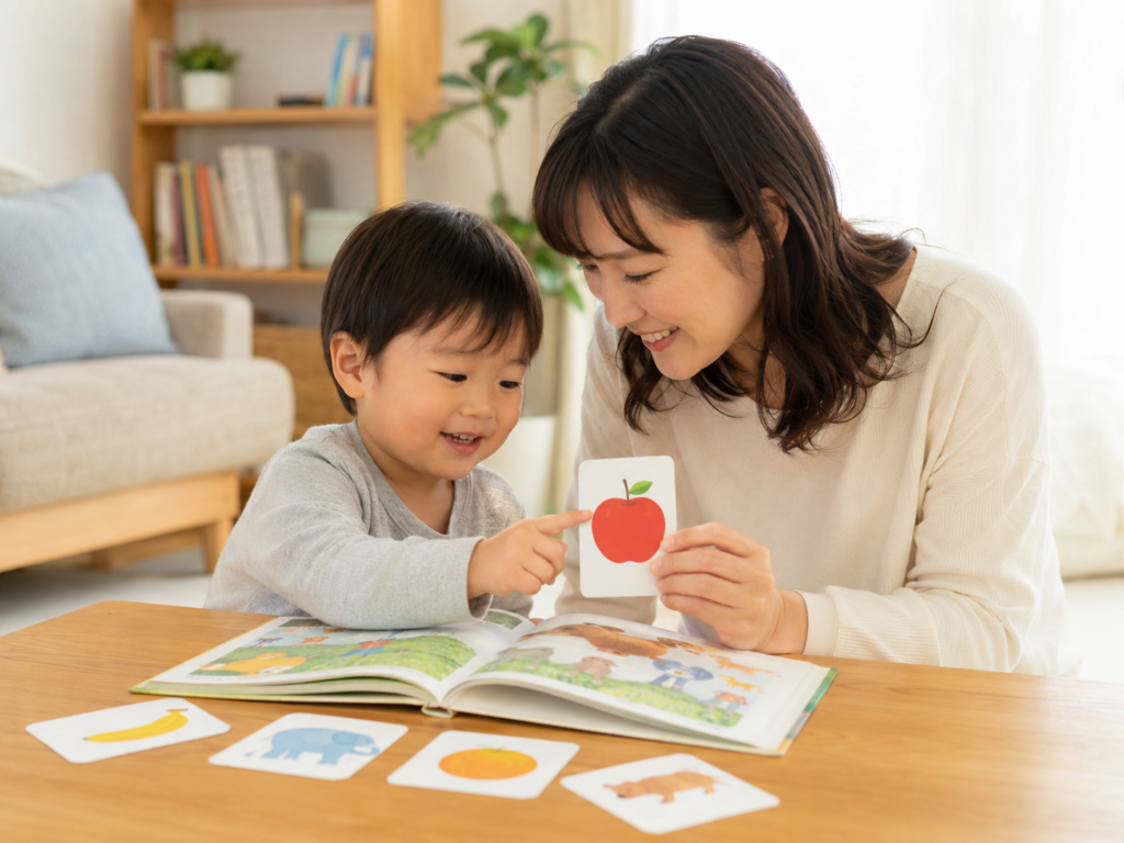 親子が一緒にフラッシュカードや絵本で遊んでいる和やかなシーンのイメージ写真